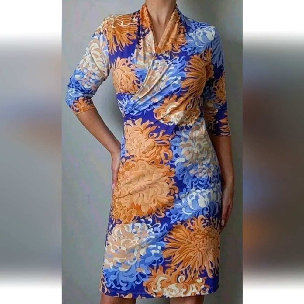 J. McLaughlin Blue Orange Floral Chrysanthemum Matte Jersey Wrap Dress Small